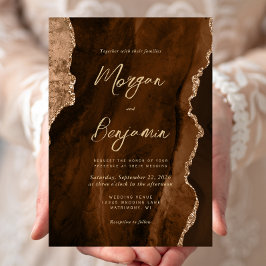 Invitación Boda Escritura Dorada Ágata Acuarela Marrón Mocha