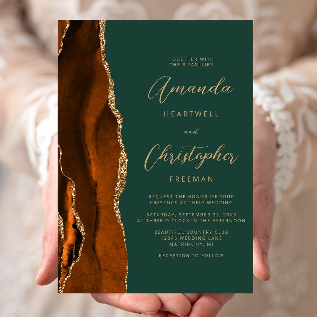Invitación Boda Escritura Verde Oscuro Ágata Naranja Quemada  (Subido por el creador)