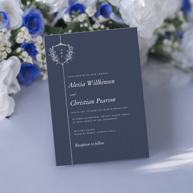 Invitación Boda escudo blanco tradicional de Navy Blue (navy blue with white text crest wedding invitation , simple stylish wedding , tie the knot in style )