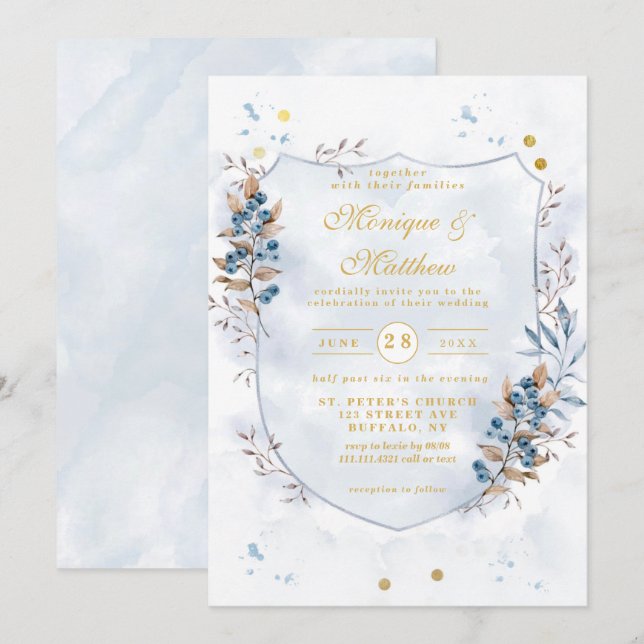 Invitación Boda Escudo de Blue y Gold Blueberries Dusty (Anverso / Reverso)