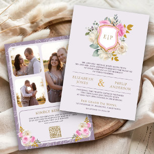 Invitación Boda Escudo de código QR de la floral rosa púrpura