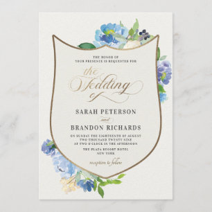 Invitación Boda Escudo de color azul Floral Vintage Gold