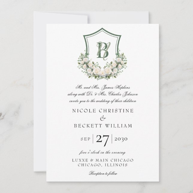 Invitación Boda Escudo de Flores Blancas (Anverso)