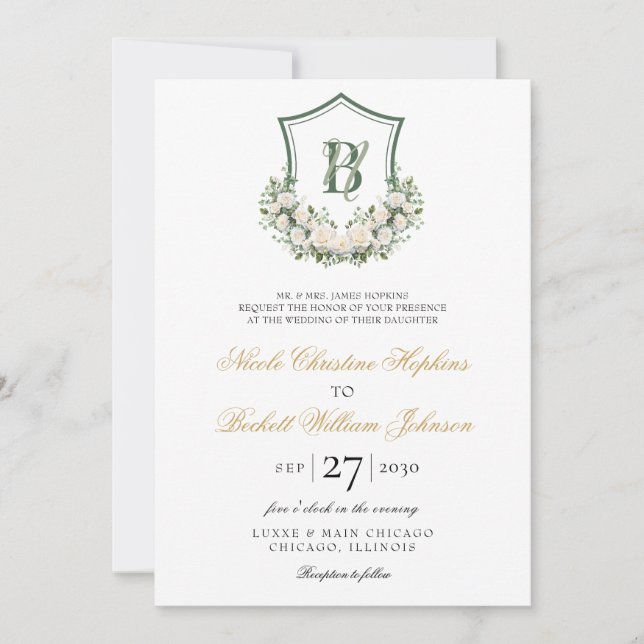 Invitación Boda Escudo de Flores Blancas (Anverso)