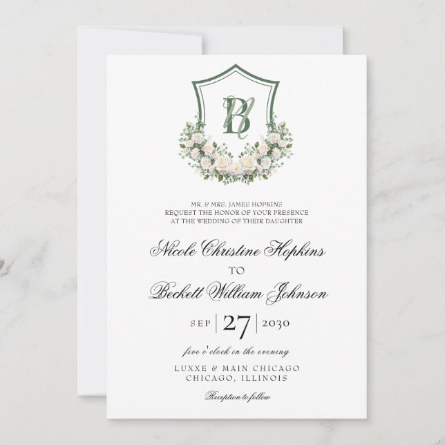 Invitación Boda Escudo de Flores Blancas (Anverso)