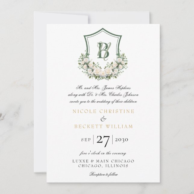 Invitación Boda Escudo de Flores Blancas (Anverso)