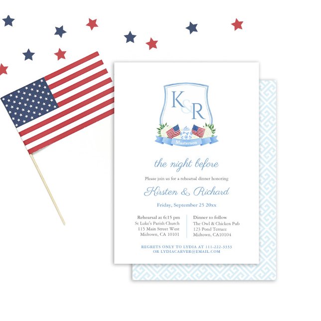 Invitación Boda Escudo de Hidrangea Patriótica Cena (Red White And Blue Watercolor Crest Wedding Rehearsal And Welcome Dinner Invitation)