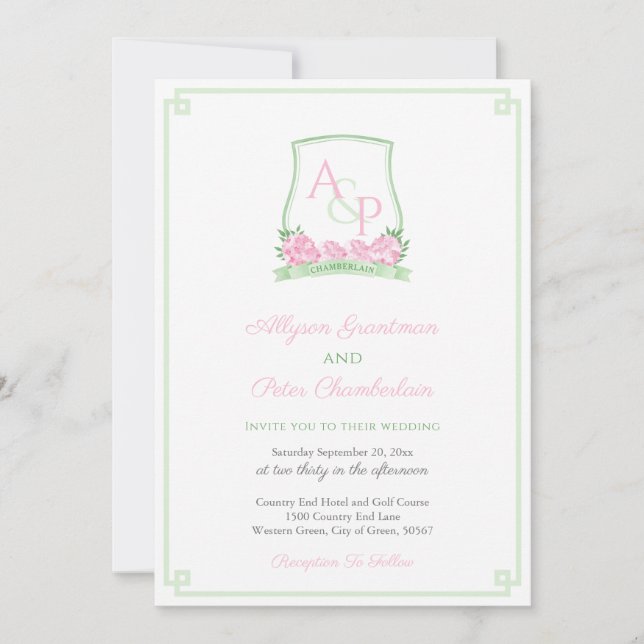 Invitación Boda Escudo De Hidrangea Verde Y Rosa Preppy (Anverso)