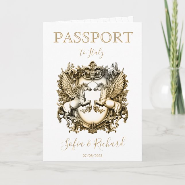 Invitación Boda Escudo de oro de Passport de destino (Anverso)