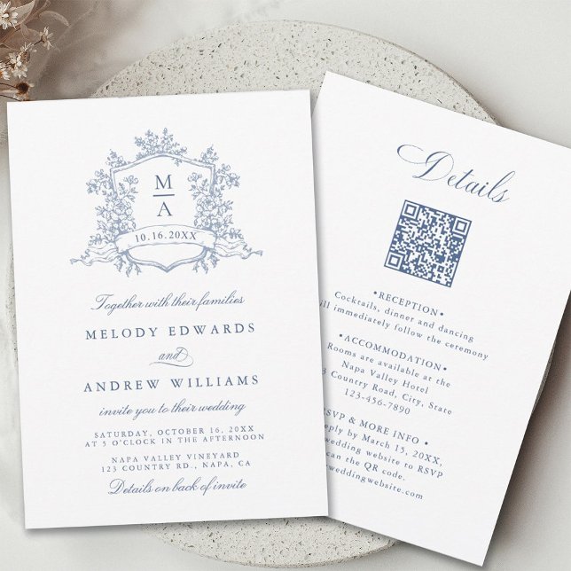 Invitación Boda Escudo Floral Azul Dusto clásico todo en uno (Front & Back)
