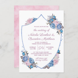 Invitación Boda Escudo floral azul y rosa de encanto parisino