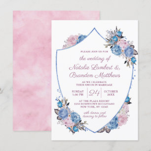 Invitación Boda Escudo floral azul y rosa de encanto parisino