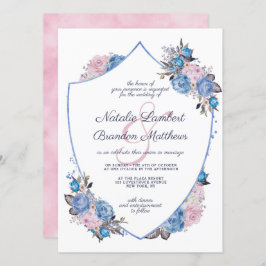 Invitación Boda Escudo floral azul y rosa de encanto parisino
