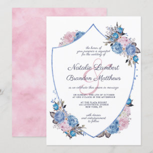 Invitación Boda Escudo floral azul y rosa de encanto parisino