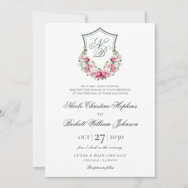 Invitación Boda Escudo Floral Rosa (Anverso)