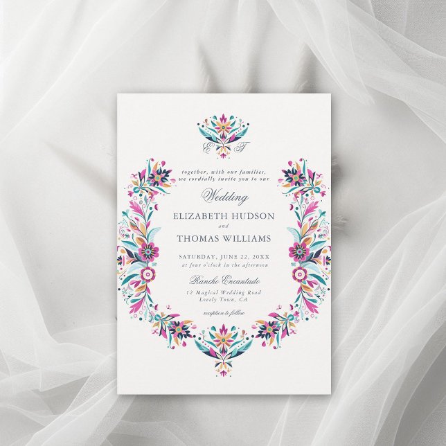 Invitación Boda Escudo formal del marco floral del Rancho Mex (rancho wedding mexican invitation floral frame watercolor wildflower formal classic traditional pink)