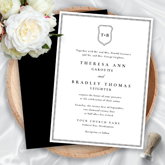 Invitación Boda Escudo negro clásico elegante monograma (Classic Elegant Mongram Black Crest Wedding Invitation)