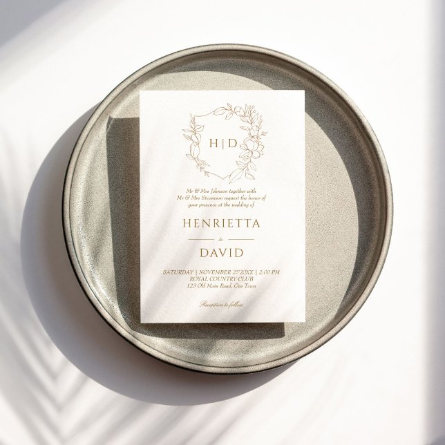 Invitación Boda escudo oro botánico simple elegante (Wedding crest simple elegant botanical gold wedding invitation template instant download)