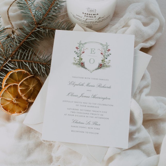 Invitación Boda Escudo Romántico de Verdor de Invierno Monogr (Subido por el creador)