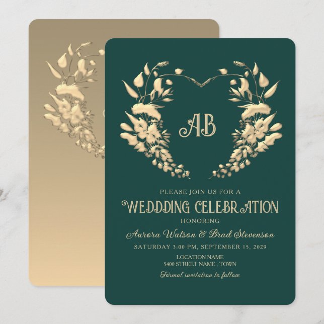 Invitación Boda Esmeralda de Monograma Floral Oro (Anverso / Reverso)