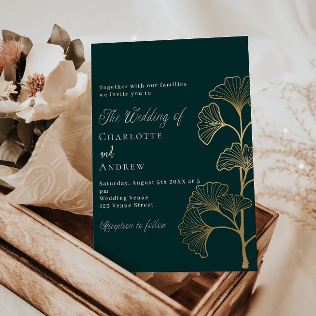 Invitación Boda esmeralda verde ginkgo deja lujo oro (Subido por el creador)