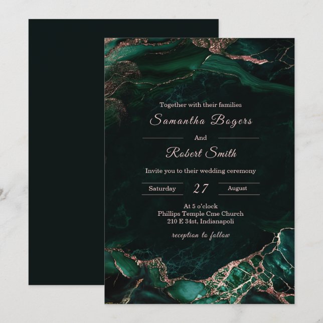 Invitación Boda esmeralda verde y oro rosa (Anverso / Reverso)