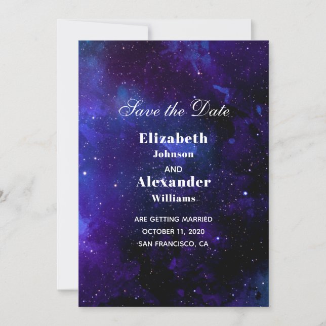 Invitación Boda espacial salva la fecha. Estrellas nocturnas. (Anverso)