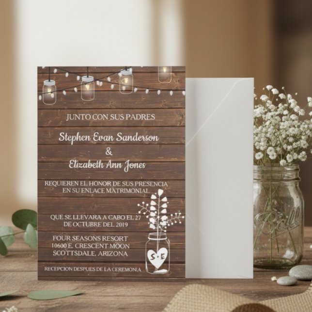 Invitación Boda español Barn Mason Jar Classic Wood (Subido por el creador)