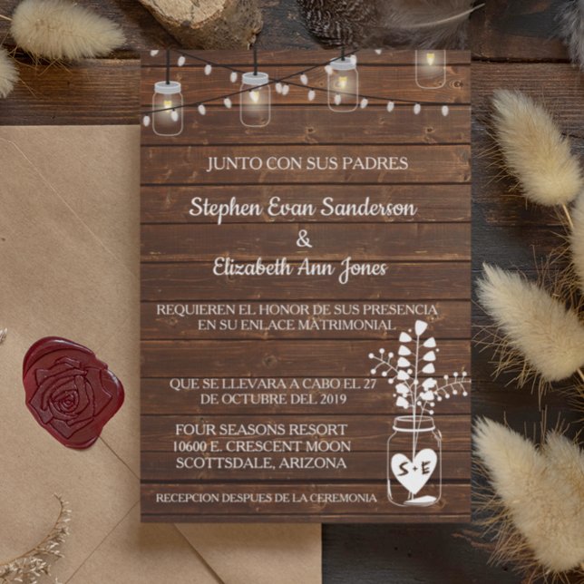 Invitación Boda español Barn Mason Jar Classic Wood (Subido por el creador)