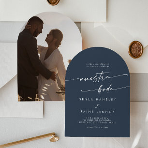 Invitación Boda español Boho Dark Navy Blue Photo Arch