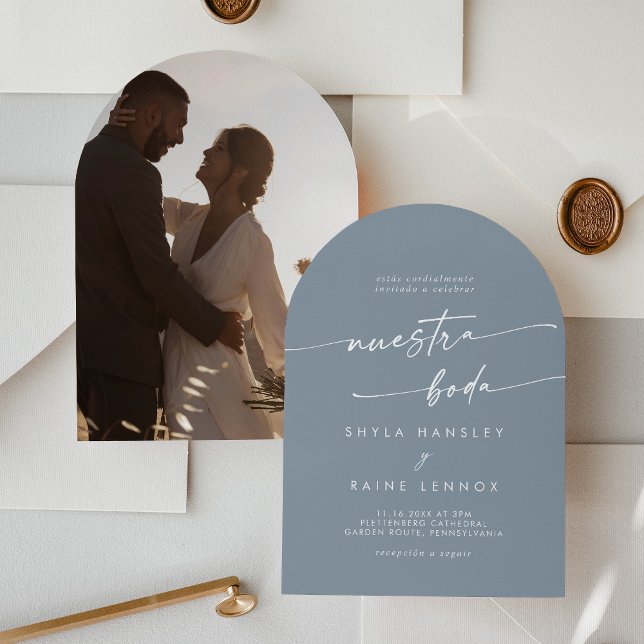 Invitación Boda español Boho Dusty Blue Photo Arch (Subido por el creador)