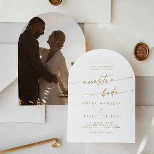 Invitación Boda español Boho Gold y White Photo Arch