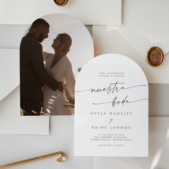 Invitación Boda español Boho Green y White Photo Arch (Subido por el creador)