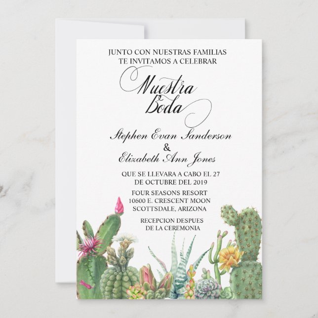 Invitación Boda español Cactus Succulum Garden (Anverso)