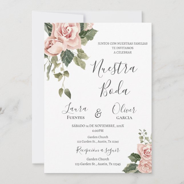 Invitación Boda español con flor rosa (Anverso)