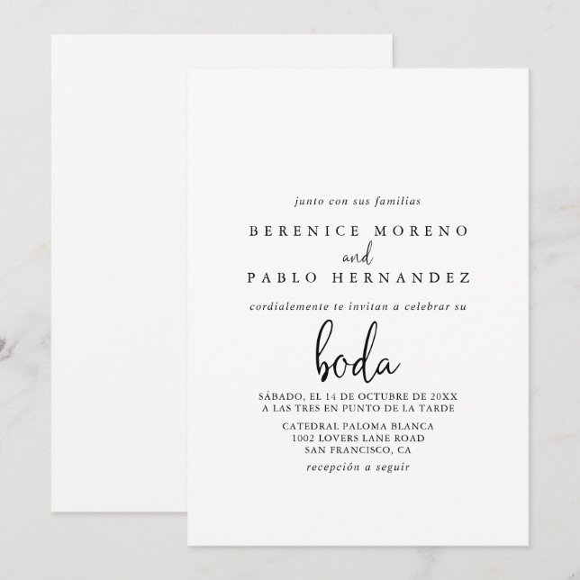 Invitación Boda español con guión elegante (Anverso / Reverso)