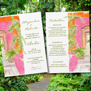 Invitación Boda Español de acuarela trópica rosa W/ Detalles