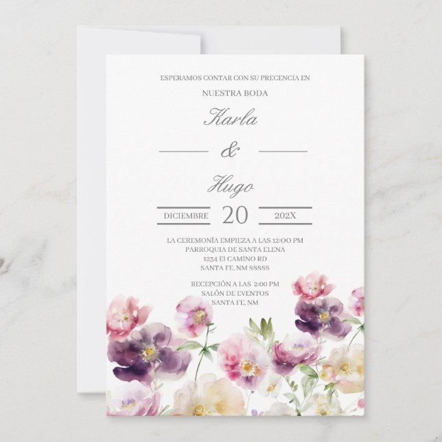 Invitación Boda español de color agua floral (Anverso)