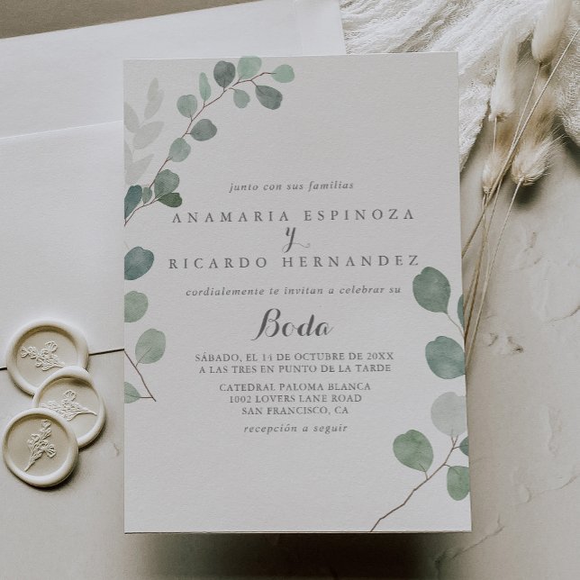 Invitación Boda español de Eucalyptus Greenery minimalista (Subido por el creador)
