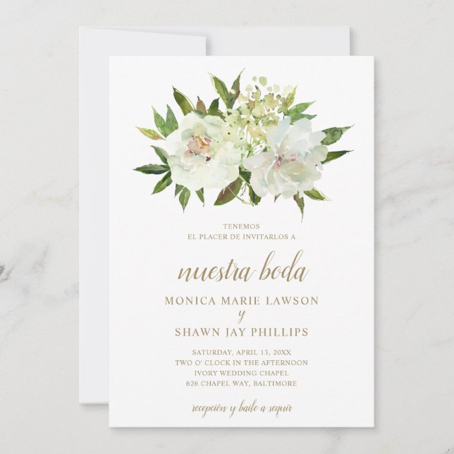 Invitación Boda español de marfil blanco floral neutro (Anverso)