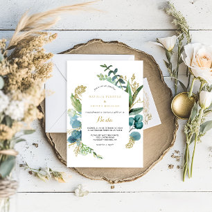 Invitación Boda español de Oro Vintage y Eucalipto Verde