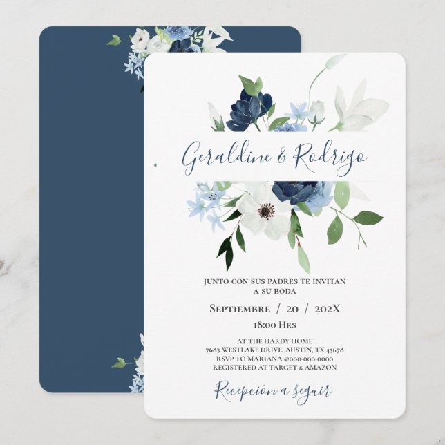 Invitación Boda español floral azul de la Marina (Anverso / Reverso)
