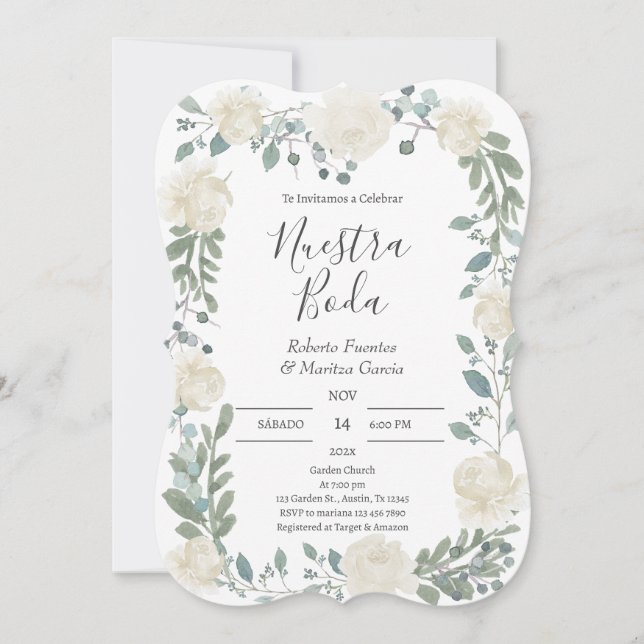 Invitación Boda español floral blanca (Anverso)