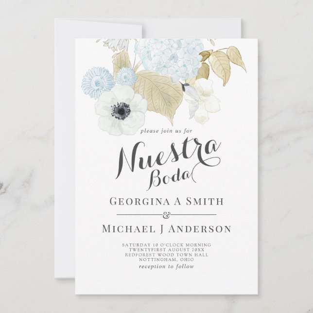 Invitación Boda Español Floral Blanca Azul de Nuestra Boda (Anverso)
