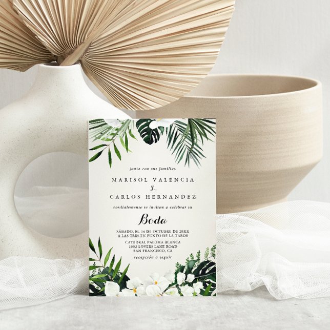 Invitación Boda español floral blanca de vegetación tropical (Subido por el creador)