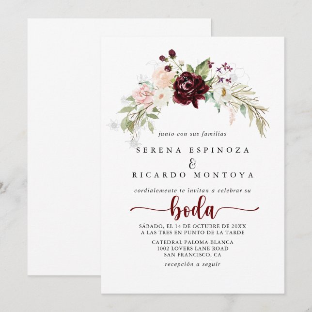 Invitación Boda español floral clásico simple y colorido (Anverso / Reverso)