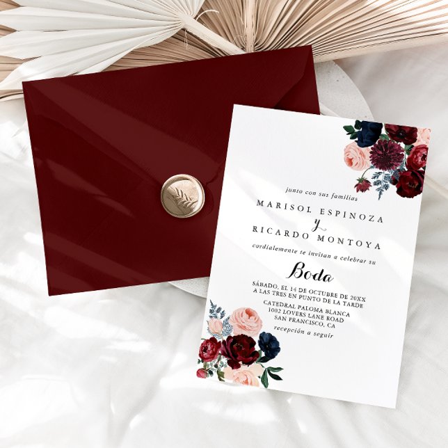 Invitación Boda español floral de la Marina Rosa de Borgoña (Subido por el creador)