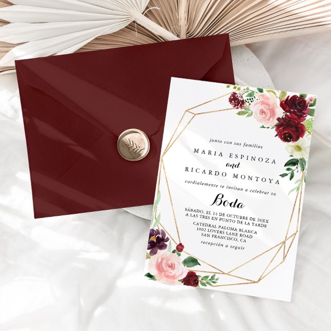 Invitación Boda español floral de primavera geométrica de oro (Subido por el creador)