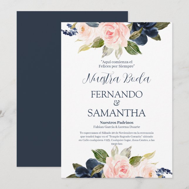 Invitación Boda español floral Navy Blue y Rubor (Anverso / Reverso)
