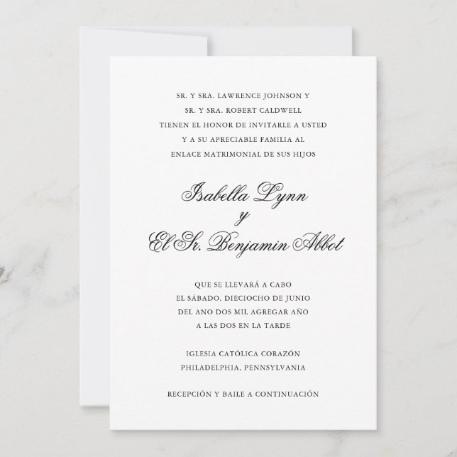 Invitación Boda español formal tradicional negro y blanco (Anverso)